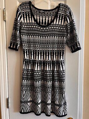 Freshman 1996 Geometric Jacquard Sweater Dress Large Black White Fit Flare